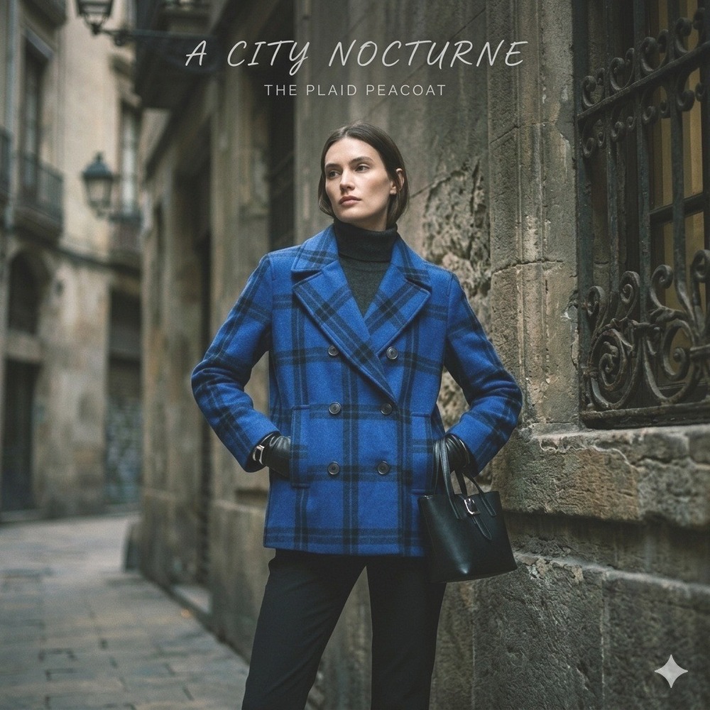 NWT Old Navy Preppy Blue Black Plaid‎ Wool Blend Double Breasted Pea Coat Sz. LP